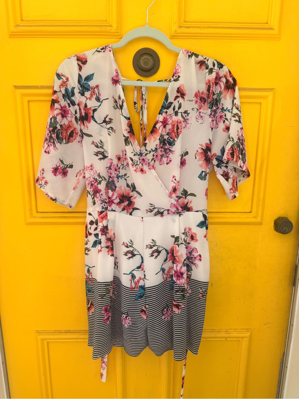 Blue Rain White Floral Wrap Mini Dress with Pink Blooms